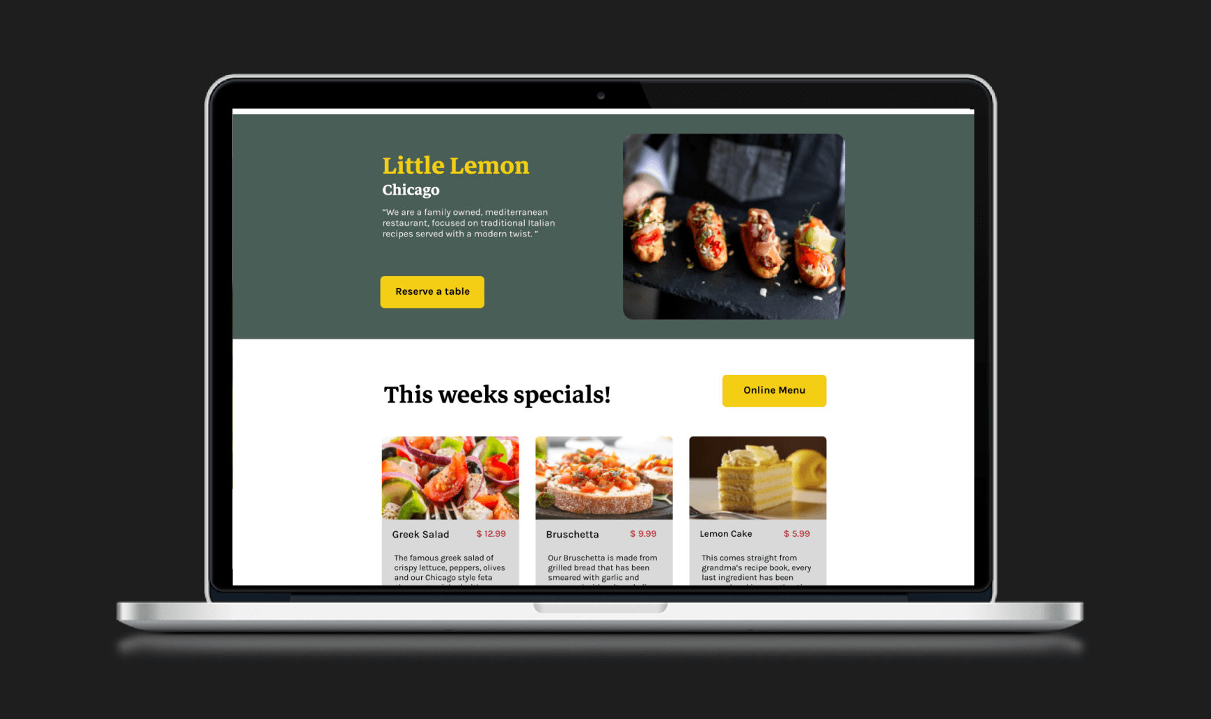 Macbookscreen containing visual representation of the Littlelemon website
